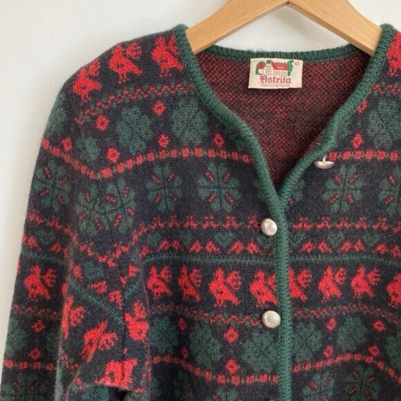 VTG Astrifa Womens Size 42 Wool Embroidered Christmas Cardigan Sweater Red Green - Picture 10 of 14
